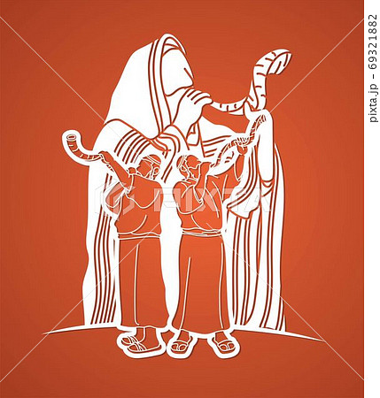 Feast of trumpets.Group of Jewish people blowing the shofar horn cartoon graphic vector 69321882