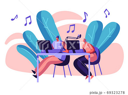 Woman Radio Presenter in Headphones Working 69323278