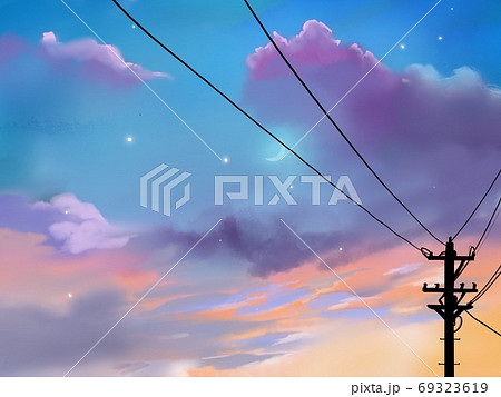 夕焼けと電柱と電線のシルエットのイラスト素材 [69323619] - PIXTA