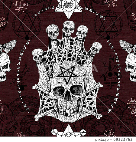 Seamless pattern with evil skull and pentagram on red. No foreign language, all symbols are fantasy ones. Mystic background for Halloween, esoteric, gothic and occult concept 69323762