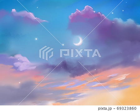 夜空と雲と月の風景画のイラスト素材