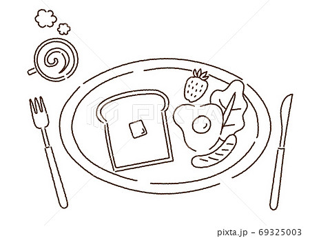 トーストで朝ご飯 モーニングプレート 洋風あさごはん 手描き風線画イラストのイラスト素材