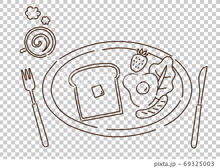 トーストで朝ご飯 モーニングプレート 洋風あさごはん 手描き風線画イラストのイラスト素材