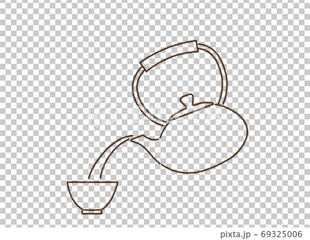 從鐵瓶倒茶鐵瓶和茶碗手繪風格線描插圖 69325006