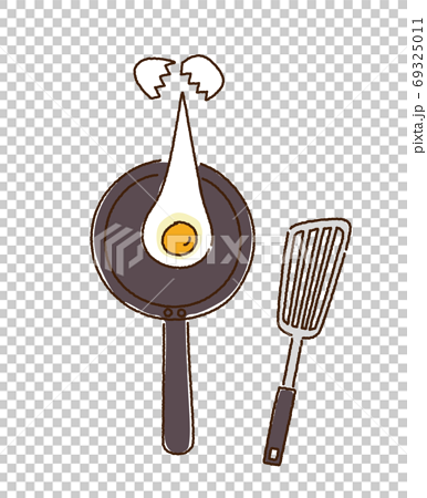 卵を割ってフライパンに入れる 目玉焼きを作るイラスト 手描き風カラーイラストのイラスト素材