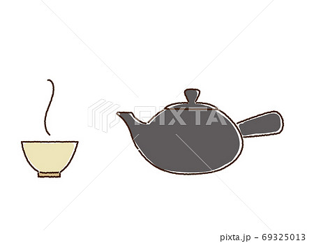 急須とお茶碗 日本茶 手描き風カラーイラストのイラスト素材