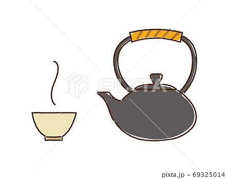 鉄瓶とお茶碗のイラスト 日本茶と急須 手描き風カラーイラストのイラスト素材