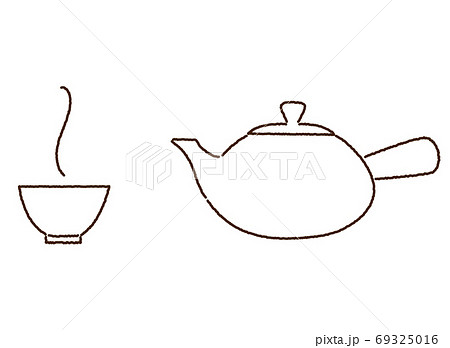 急須とお茶碗 日本茶 手描き風線画イラストのイラスト素材