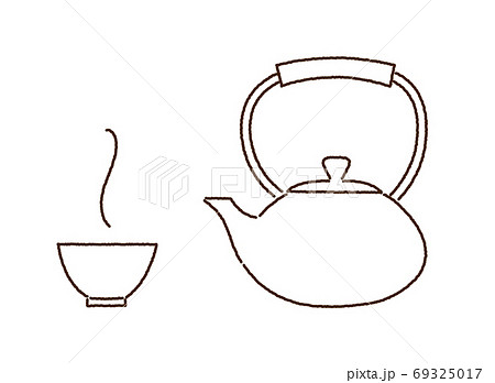 鉄瓶とお茶碗 急須と日本茶 手描き風線画イラストのイラスト素材