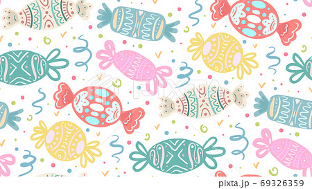Seamless texture with cartoon multicolored festive candies of various shapes. 69326359