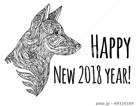 Greeting card with Doodle illustration of a dog head with a tribal pattern. 69326389