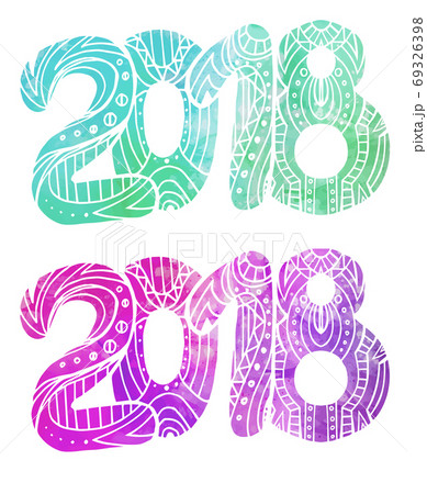 Set of doodle numbers 2018 with boho pattern and watercolor background with splashes. New year. Set of doodle numbers 2018 with boho pattern and watercolor background with splashes. New year. 69326398