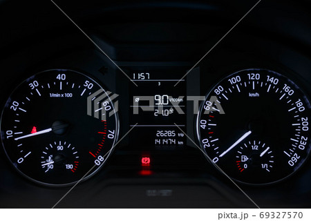 Dashboard car. Car dashboard with white backlight. Dashboard car. Car dashboard with white backlight. 69327570
