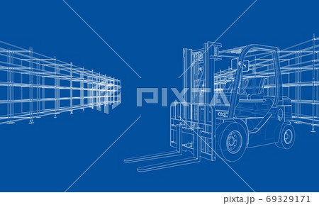 Warehouse shelves and forklift 69329171