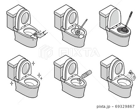 洋式トイレを掃除するイラストセットのイラスト素材