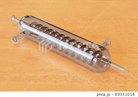 Glass spiral reflux condenser on the wooden table. 3D rendering Glass spiral reflux condenser on the wooden table. 3D rendering 69331018