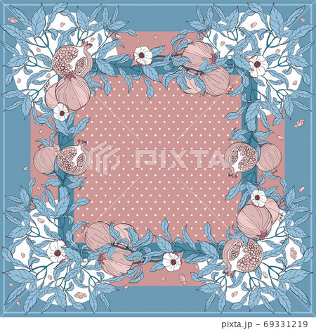 Silk scarf with pomegranate branch with fruits and flowers. 69331219