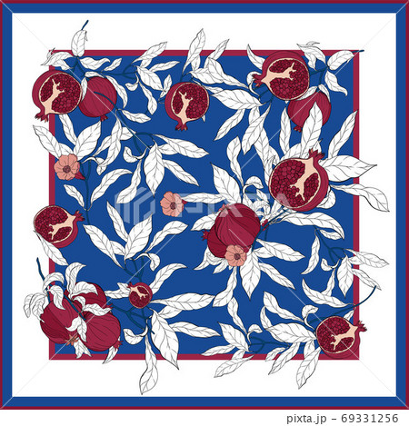 Silk scarf with pomegranate branch with fruits and flowers. 69331256