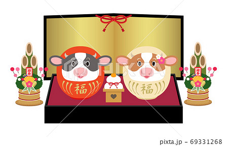 年賀2021　丑年　台座に乗った紅白牛だるまと金屏風 69331268