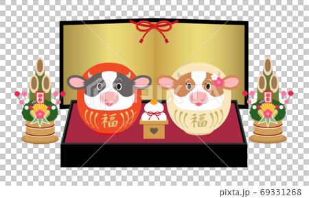 年賀2021　丑年　台座に乗った紅白牛だるまと金屏風 69331268