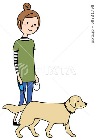 犬の散歩をする若い女性 ママのイラスト素材