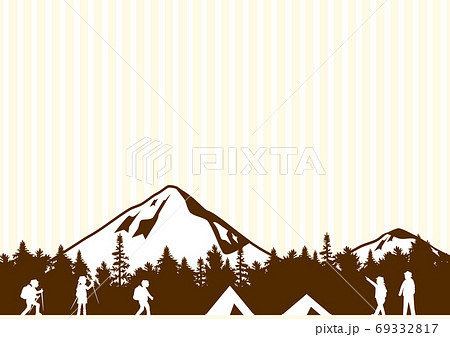 キャンプ場の風景と人物シルエットのイラスト素材