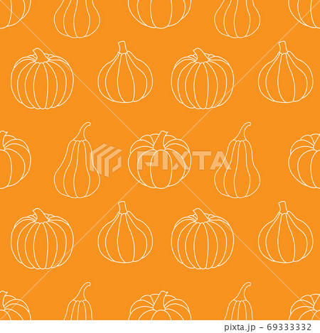 Seamless pattern with white outline pumpkins on a orange background. Vector illustration. For minimalistic background decoration, cards, banners, holiday designs, prints, wrappings, textiles, fabrics. Seamless pattern with white outline pumpkins on a orange background. Vector illustration. For minimalistic background decoration, cards, banners, holiday designs, prints, wrappings, textiles, fabrics. 69333332