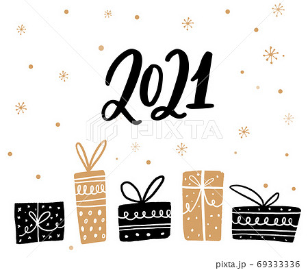 2021 greeting card design. Black and gold gift boxes, handwritten vector numbers on white background. 2021 greeting card design. Black and gold gift boxes, handwritten vector numbers on white background. 69333336