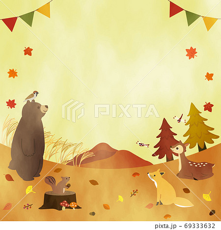 水彩 秋の動物たちのメッセージカードのイラスト素材