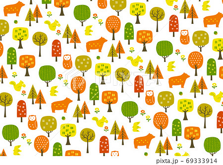 秋の森 紅葉と動物の柄模様の背景イラストのイラスト素材