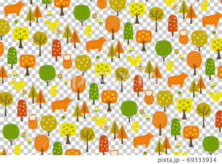 秋の森 紅葉と動物の柄模様の背景イラストのイラスト素材