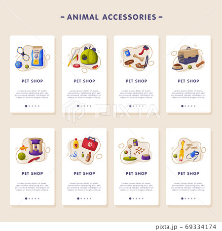 Animal Accessories Mobile App Onboarding Screens, Pet Shop, Food, Toys, Products for Care Webpages Cartoon Vector Illustration 69334174