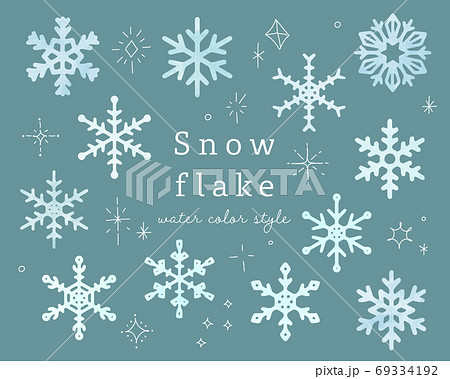 水彩風の雪の結晶のイラストのセット アイコン 冬 星 キラキラ おしゃれ シンプル かわいいのイラスト素材