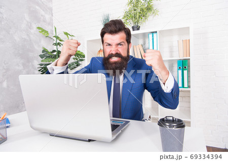 Excessive stress at work. Stressed manager shout in office. Stress management.  69334394