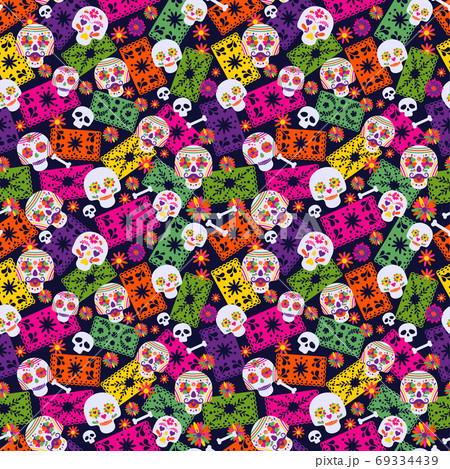 Seamless vector pattern with mexican elements sombrero, . Perfect artistic background for your design. Dias de los muertos. Translate-Feast of death. 69334439