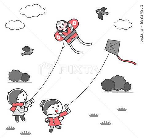 凧あげをする子どもたち・風景 / 2色 69334551
