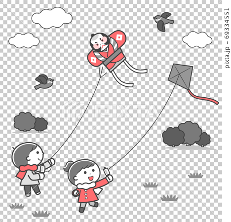 凧あげをする子どもたち・風景 / 2色 69334551