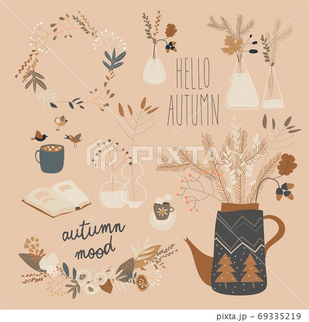 Cartoon autumn plants in different bottles. Autumn mood 69335219