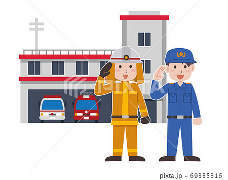 消防士と消防署のイラスト素材