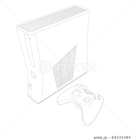 Contour of a game console with a remote control from black lines isolated on a white background. Isometric view. Vector illustration 69335484