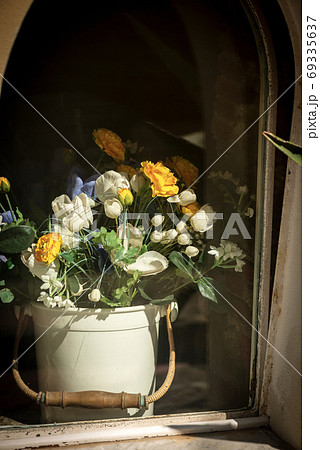 Artificial Flowers behind a Window Pane - Liguria Italy 69335637