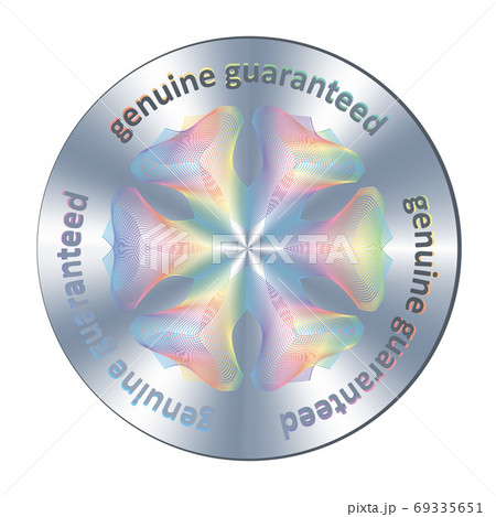Genuine guaranteed metallic round hologram realistic sticker, sign, icon, emblem, badge. Vector genuine element for product quality guarantee and label design. 69335651
