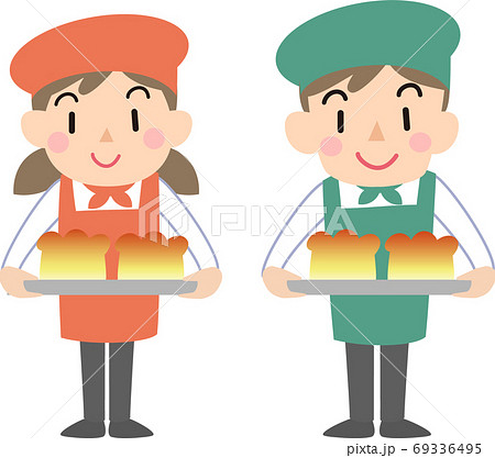 パン屋さんの女性と男性のイラスト素材 パン屋さんの女性と男性のイラスト素材