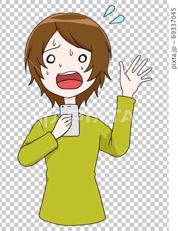 スマホを見て困惑し戸惑い焦る女性のイラスト素材