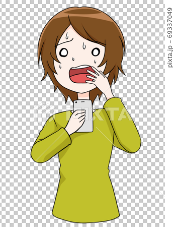スマホを見て困惑し戸惑い焦る女性のイラスト素材