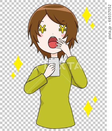 A smiling woman whose eyes are a mark of money when she looks at her smartphone A smiling woman whose eyes are a mark of money when she looks at her smartphone 69337052