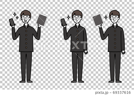 スマホやタブレットを持つ メガネをした学ランの男子中高生のイラスト素材