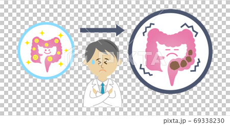 因便秘而患有健康小腸的醫生的插圖圖像 因便秘而患有健康小腸的醫生的插圖圖像 69338230