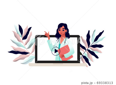 Young beautiful woman doctor. Covid-19 Prevention recommendation. 69338313