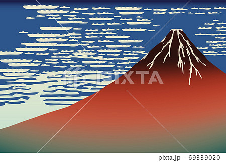 赤富士浮世絵風富士山和風背景のイラスト素材